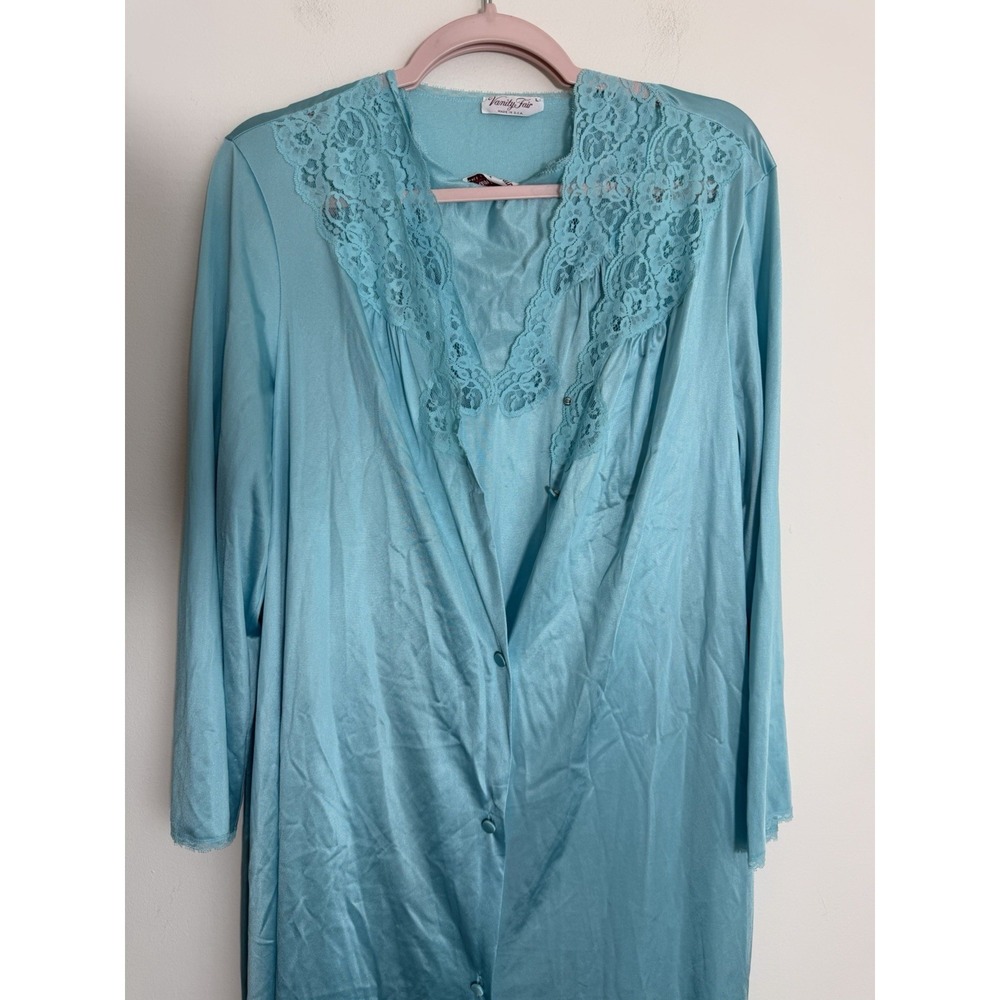 Vintage Womans Vanity Fair Peignoir Nightgown & Robe 2 pc Set Blue Aqua Silky L